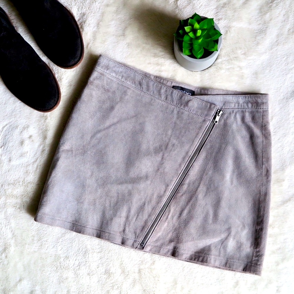 •SOLD• Bebe | Grey Suede Asymmetric Zipper Mini Skirt